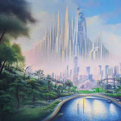 Image similar to Beautiful city of the future in harmony with nature. Beautiful detailed painting by Lurid. (2022)