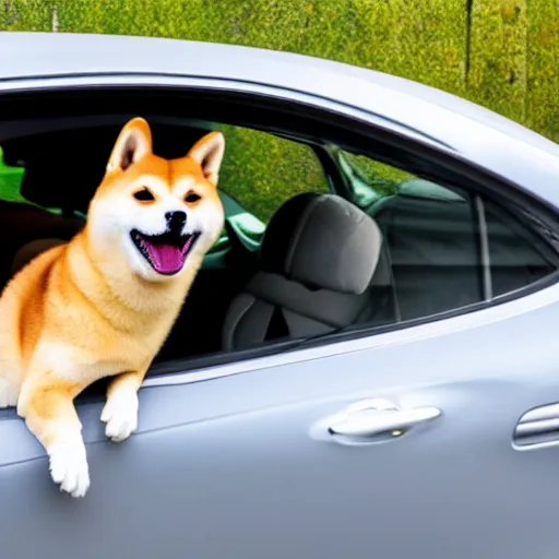 Prompt: shiba inu laughing at heavy car traffic leaving a Crimean beach