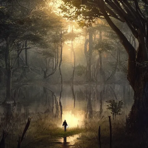 Prompt: 🍺💪🚶‍♂️🌳 a beautiful living tree in the middle of a swamp, digital Art, Greg rutkowski, Trending artstation, cinematic