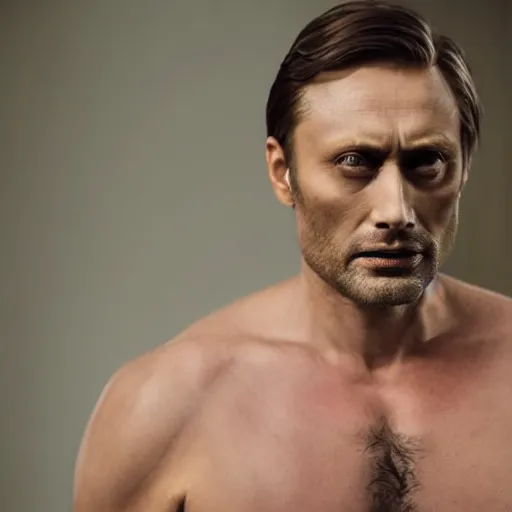 Image similar to a man who is a genetic combination of mads mikkelsen and jude law face and upper - body focus