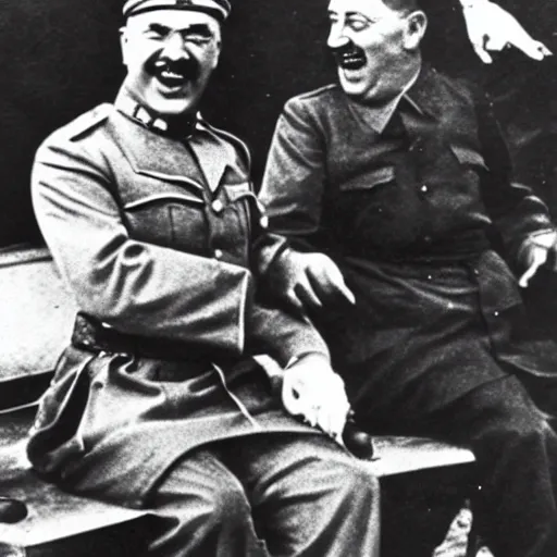 Image similar to hitler and joseph stalin laughing during ww 2