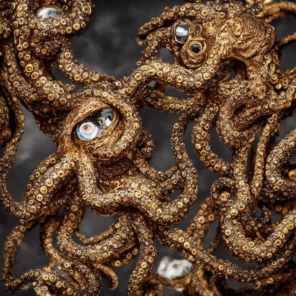 Image similar to a high-resolution color-chrome extreme closeup portrait photo of a octopus kissing a incredible elegant pale renaissance rococo Queen, with ornate jewelled, rococo Queen, sci-fi, high-tech, beautiful low light, style Steve McCurry Octane render 8k