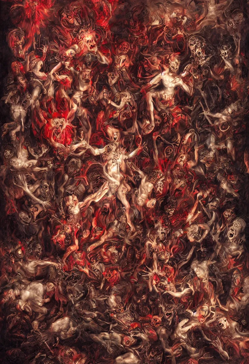 Image similar to musicians collide with the multidimensional, sun god, death god, hell, smile, monster teeth covered in red, dark and mysterious, full body, rococo, cinematic, epic, very detailed, full body