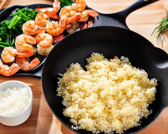 Prompt: photo of a shrimp wearing a chef hat and frying rice in a skillet in a kitchen