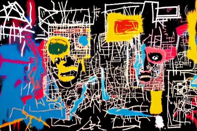 Image similar to punk rock cover, multilayer glitch effect in spatial perceptron synapses, matte painting, 4 k, epic composition, volumetric light, abstract illusionism, by jean - michel basquiat