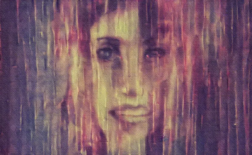 Prompt: vhs video glitch of a pixelated portrait woman trying hidden underneath a transluscent sheet, horror, moody vibe, vcr tape, 1 9 7 0 s analog aesthetic, directed by david lynch, datamoshed pixel stretching