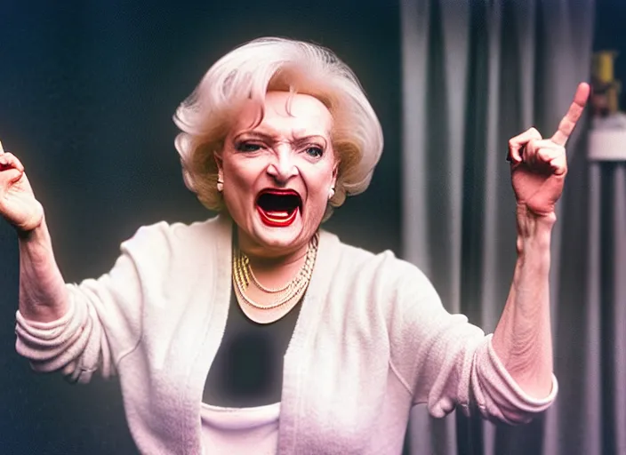 Image similar to publicity photo still of betty white as a gangsta rapper live on stage, 8 k, live concert lighting, mid shot