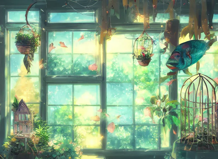 Prompt: anime background clean neat clarity professional visual development set design, tiny cozy store with hanging bird cages and bright fish aquariums, sparse plants, dim painterly lighting volumetric aquatics, impasto, trending on pixiv