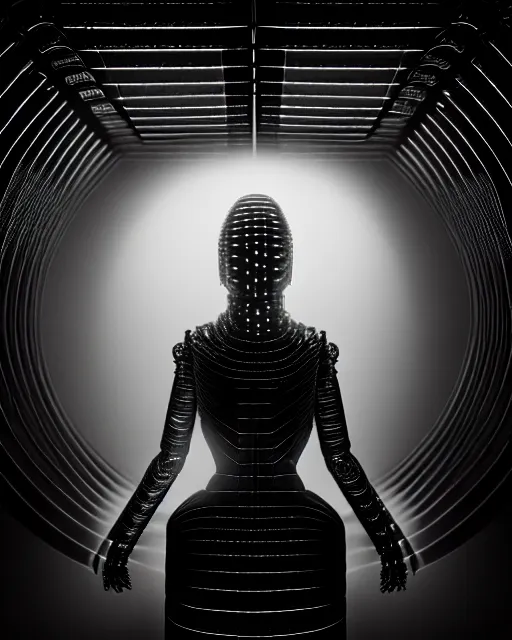 Prompt: black and white high quality photo of a female AI-queen-dragon-meshes-cyborg looking into a sci-fi mirror, volumetric lighting, brutalism, foggy, dreamy, hyperdetailed, bokeh, photorealistic, cinematic, masterpiece, elegant, dark, by Man Ray in the style of Horst P. Horst, octane render, 8K,