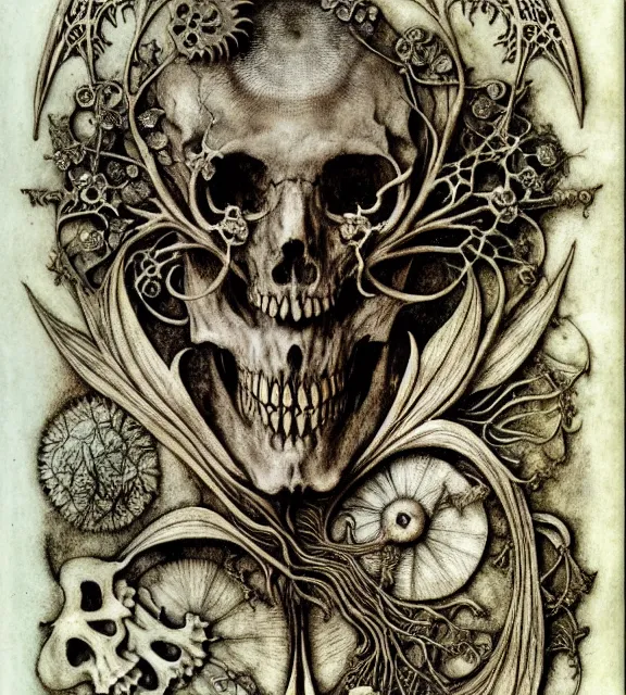 Image similar to memento mori by arthur rackham, art forms of nature by ernst haeckel, exquisitely detailed, art nouveau, gothic, ornately carved beautiful skull dominant, intricately carved antique bone, art nouveau botanicals, ornamental bone carvings, art forms of nature by ernst haeckel, horizontal symmetry, arthur rackham, ernst haeckel, symbolist, visionary