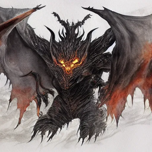 Image similar to the Balrog of Morgoth, detailed watercolour, charcoal painting by Hiro Isono