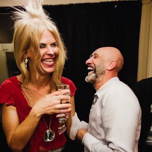 Image similar to jami heinaman laughing with adam saveage by a party candid shot