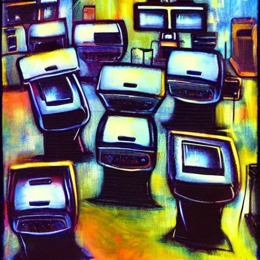 Prompt: array of crt televisions, tv static, antenna, stacked, polaroid, steroids, adult video store, impressionist painting, painting, acrylic painting, cell shaded, fuzzy