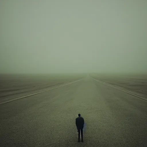 Image similar to a lonely man standing on a deserted planet, dreary, head down, smokey, blur, ambient lighting, photograph,