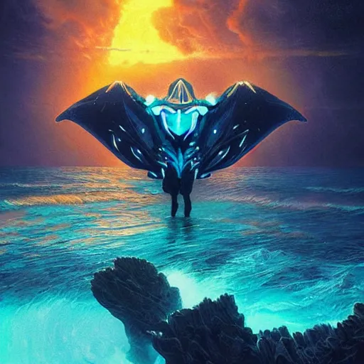 Prompt: psychedelic tron wings in front of a lsd sunset, cliffside ocean scene, diffuse lighting, hyper realistic, elegant, intricate, hyper detailed, smooth, sharp focus, concept art, illustration, trending on artstation, art by artem demura, greg rutkowski, james gurney, and alphonse mucha