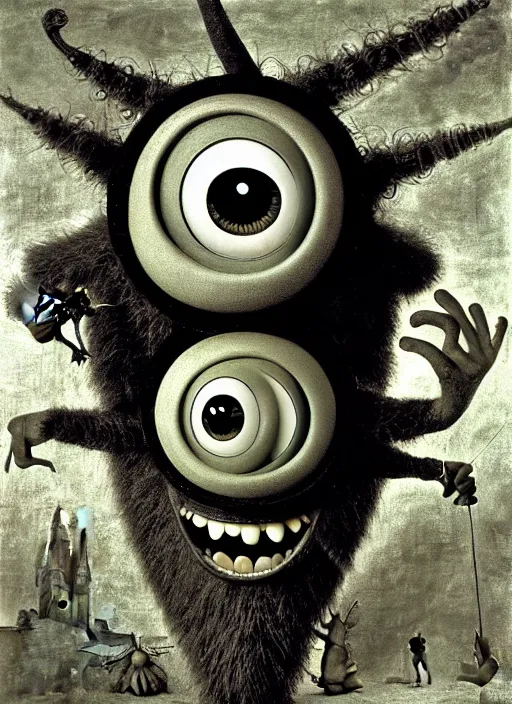 Prompt: photograph of mike wazowski from monsters inc. by hieronymus bosch, joel peter witkin, misha gordin, gustave dore, matte painting