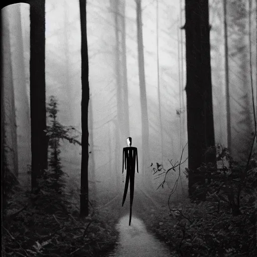 Prompt: Slenderman in the woods, old polaroid photography, grainy film, black and white