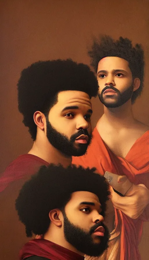 Prompt: drake and the weeknd smoking by da vinci, brown skin, classical painting, digital painting, romantic, vivid color, oil painting