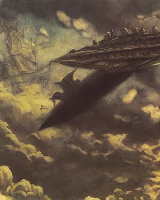 Image similar to Fantasy village, view of the sky above. The sky is completely covered to the horizon by an incredibly huge airship-like ship. The ship flies among the clouds. Dark colors, extremely high detail, realistic, dark fantasy art, masterpiece, 8k, octane rendering, Arthur Rackham painting, art by Victoria Frances, Frank Frazetta.