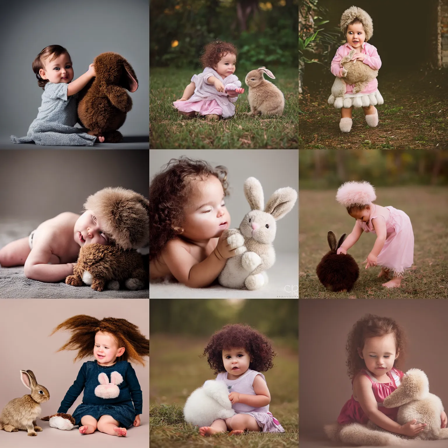 Prompt: cute 1 year old girl with brown curly hair playing with a, cuddly, fluffy little bunny. soft warm lighting. professional photography.