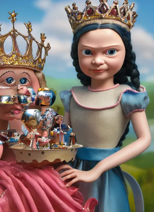 Image similar to closeup face profile portrait of greta thunberg as a tin toy fairytale princess wearing a crown eating cakes, bikini, depth of field, zeiss lens, fashion photoshoot, by nicoletta ceccoli, mark ryden, lostfish, dan decarlo, bob clampett, max fleischer, breathtaking, detailed, hyperrealistic, octane render