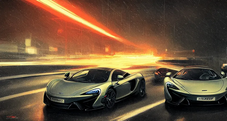 Image similar to mclaren in highway, night, digital art,ultra realistic,ultra detailed, ultra wide Lens, art by greg rutkowski