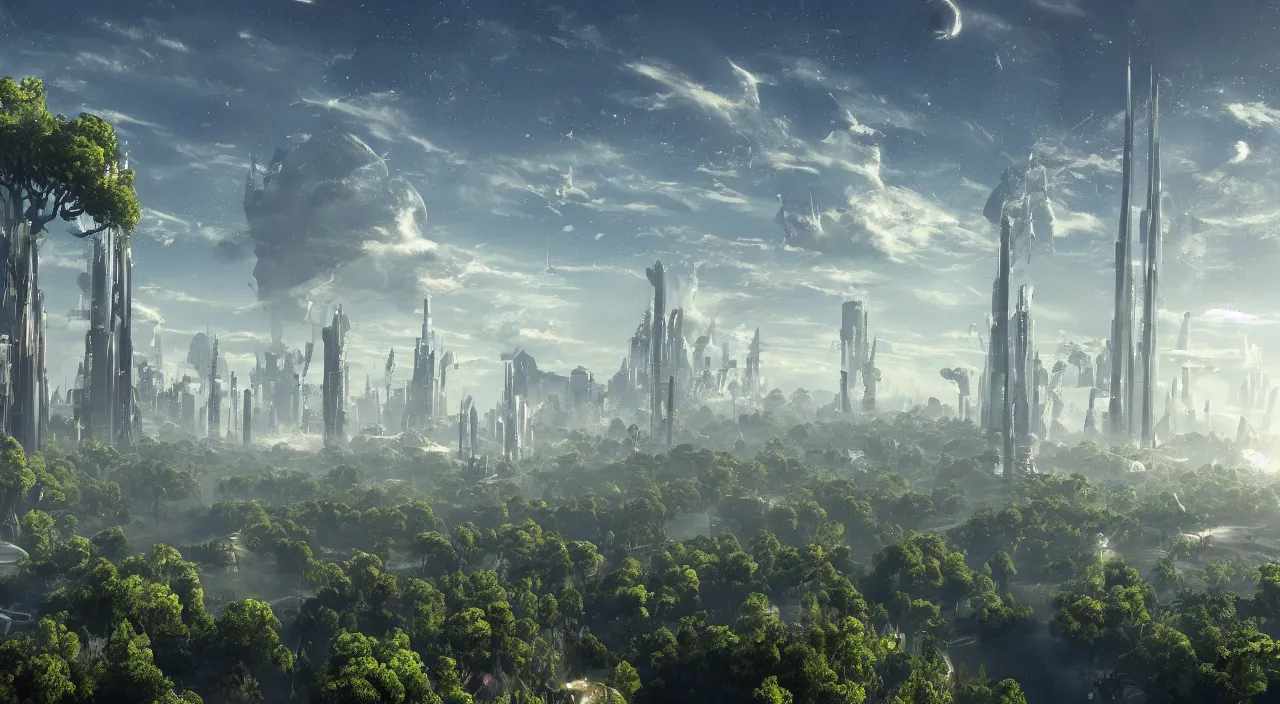 Image similar to An absolutely beautiful view of a sci-fi world. There are tall structures seen in the distance, with lots of unique looking trees.