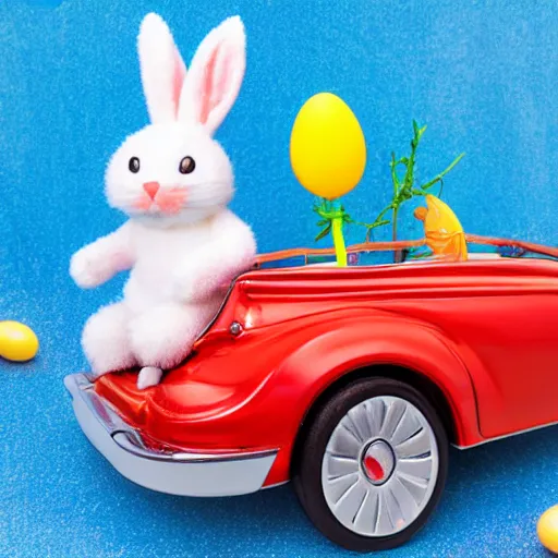 Image similar to easter bunny riding a convertible, studio photo, high quality