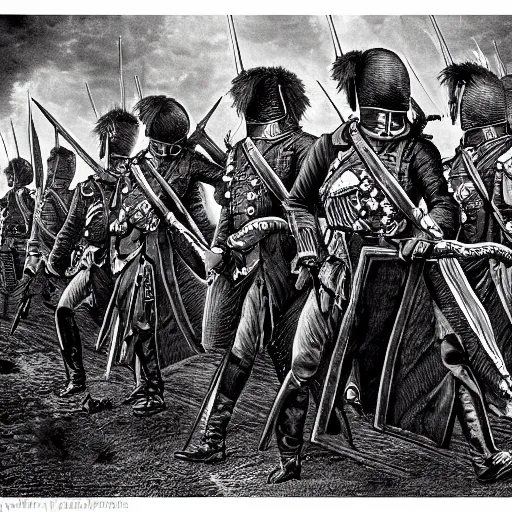 Image similar to Napoleonic Infantry, intricate artwork by Alan Moore, HR Giger, eldritch horror, lovecraft, hyperrealism, high detail, black and white, high contrast, depth of field