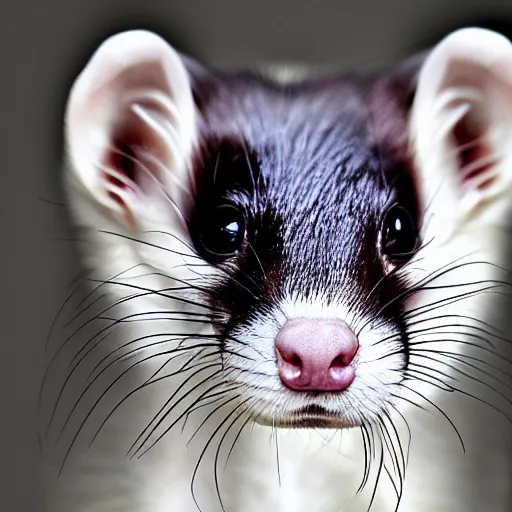 Prompt: Ferret portrait, XF IQ4, 150MP, 50mm, f/1.4, ISO 200, 1/160s, natural light, Adobe Photoshop, Adobe Lightroom, DxO Photolab, Corel PaintShop Pro, rule of thirds, symmetrical balance, depth layering, polarizing filter, Sense of Depth, AI enhanced