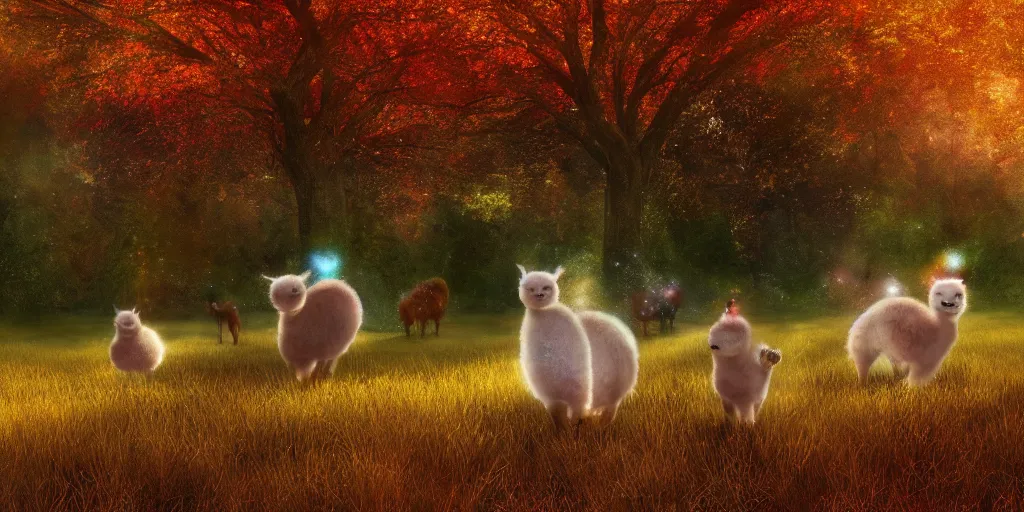 Prompt: magical fairy alpacas frolicking in a field, autumn, sparkles, light beams, photorealistic, hyperrealistic, fantasy, 8 k, trending on artstation