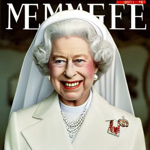 Prompt: magazine cover photo of elizabeth ii as the new pope, portrait photo by slim aarons in times magazine cover photo, color