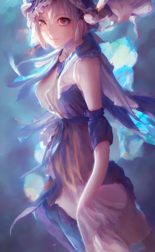 Prompt: A beautiful anime-style digital full-body portrait of Cirno, by Stanley Artgerm Lau, WLOP, Rossdraws, LeraPi, and Sakimichan, trending on ArtStation, deviantart, SFW version