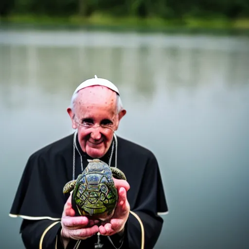 Image similar to pope holding a pond turtle, photography, Canon eos r3, 8k resolution