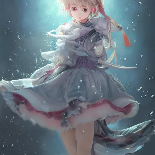 Image similar to dynamic composition, motion, ultra-detailed, incredibly detailed, a lot of details, amazing fine details and brush strokes, colorful and grayish palette, smooth, HD semirealistic anime CG concept art digital painting, watercolor oil painting of a young C-Pop idol girl, by a Chinese artist at ArtStation, by Huang Guangjian, Fenghua Zhong, Ruan Jia, Xin Jin and Wei Chang. Realistic artwork of a Chinese videogame, gradients, gentle an harmonic grayish colors.