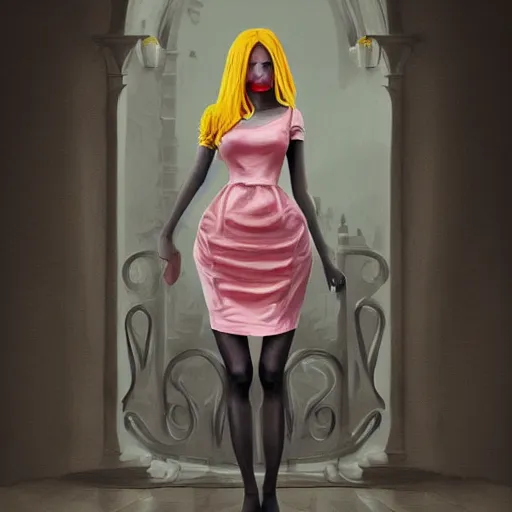 Image similar to a woman wearing a yellow dress with one leg revealed, detailed body and face with pink lips and blue eyes, gothic atmosphere, digital art, highly detailed, high contrast, beautiful lighting, award winning, trending on art station, photorealistic, 8 k,