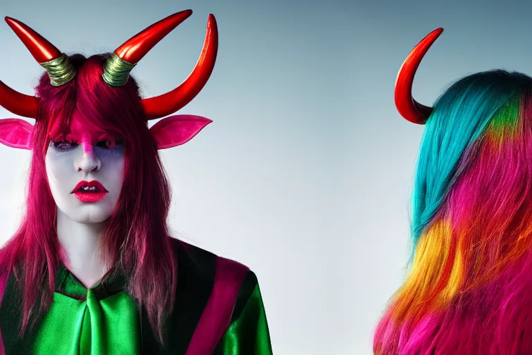 Image similar to pretty demon girl with horns photograph in the style of clemens ascher, colorful, realistic, 8 k