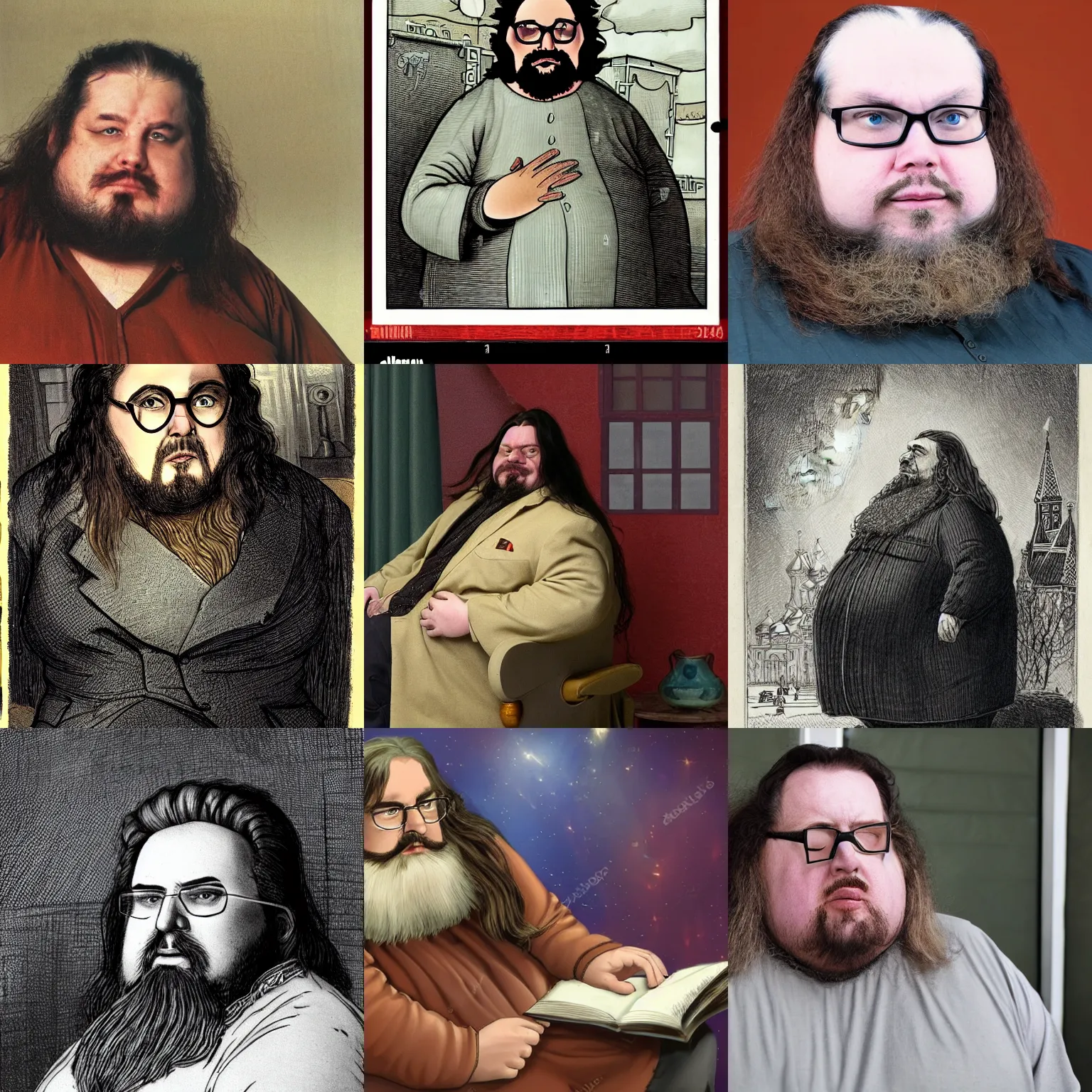 Prompt: obese russian long - haired bad sci - fi writer with goatee and glasses pretending himself as an emperor