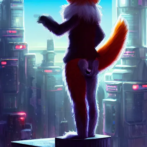 Image similar to an anthropomorphic fox with a fluffy tail staring over a futuristic city from the top of a roof, highly detailed, trending on furaffinity, cyberpunk, backlighting, cartoon