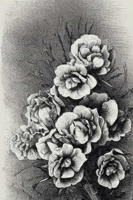 Image similar to black and white, close-up flower bouquet, Gustave Dore lithography