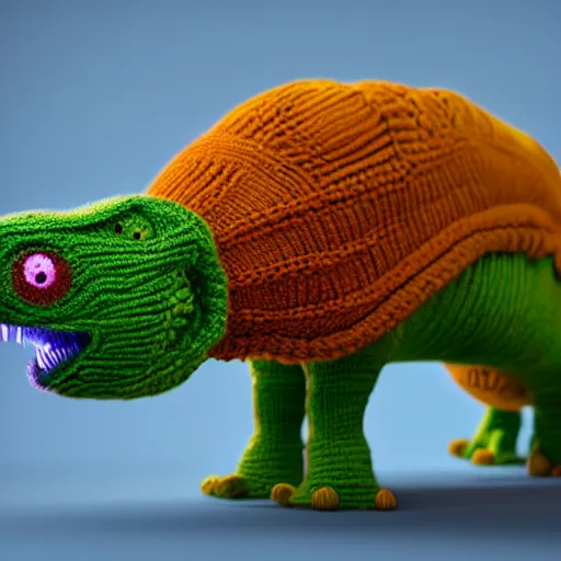 Image similar to super cute dinosaur made out of sweaters and yarn octane rendering vivid cinematic lighting 4 k