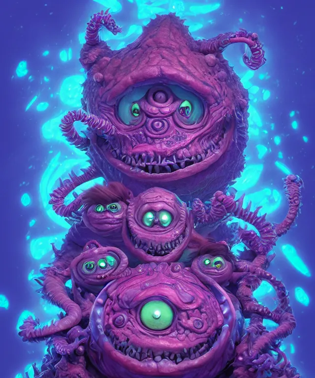 Prompt: a two headed xanathar made of bioluminescence in the art style of monsters inc, crisp 8 k line art, digital painting, artstation, unreal engine, octane render, emissive lighting, concept art, matte, sharp focus, hyper realistic lighting, illustration, deep royal blue and pink color scheme, art by ayami kojima