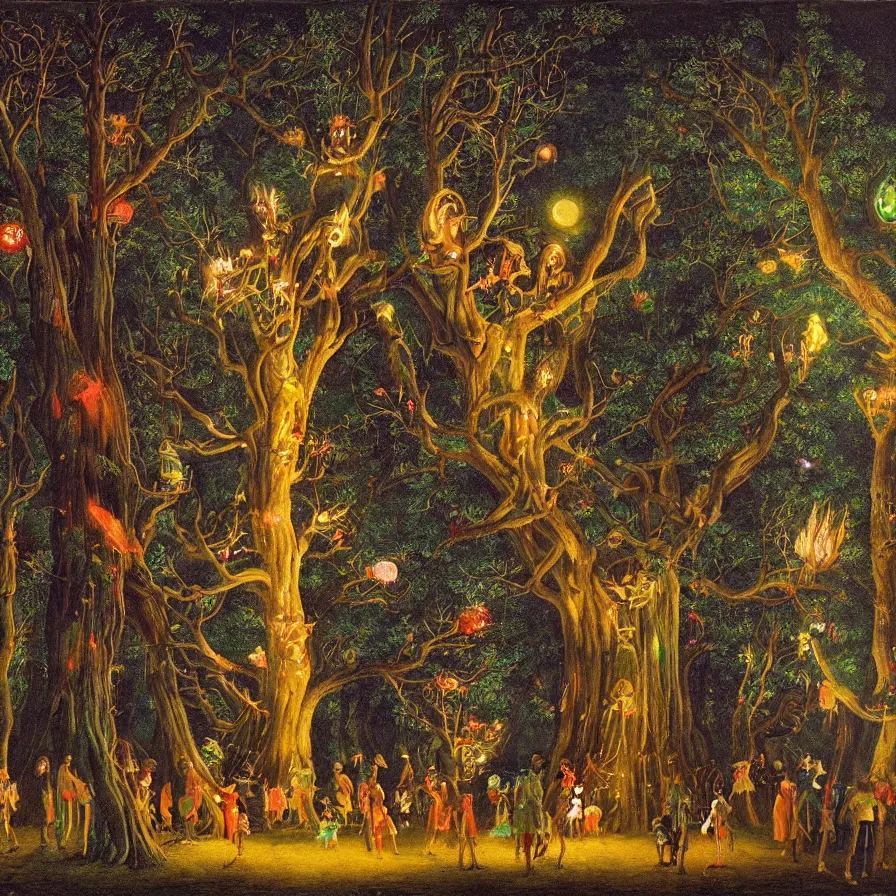 Image similar to a night carnival around a magical tree cavity, with a surreal orange moonlight and fireworks in the background, next to a lake with iridiscent water, christmas lights, folklore animals and people disguised as fantastic creatures in a magical forest by summer night, masterpiece painted by georg friedrich kersting, dark night environment