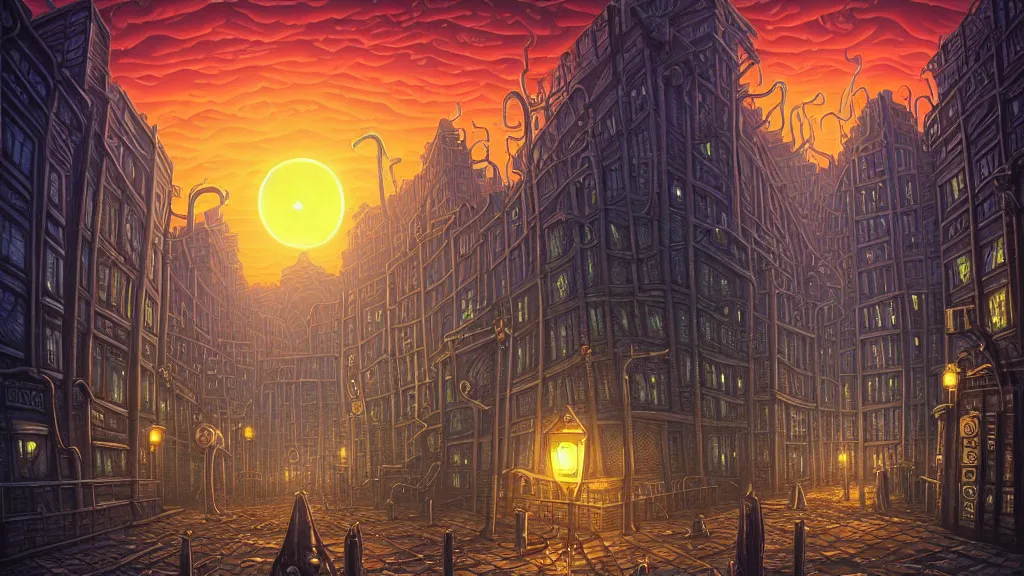 Image similar to empty lovecraftian Metropolis. cthulhu statue. lovecraftian city at sunset by cyril rolando and naomi okubo and dan mumford and ricardo bofill. lovecraft. cobbled streets. oil lamp posts. lovecraftian. sunset swirly sky.