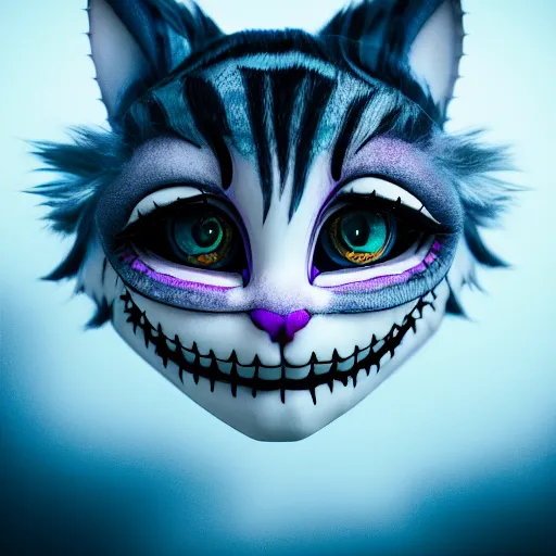 Image similar to vanishing cheshire cat, volumetric lighting, fog, vanishing, disaspora, modelsociety, radiant skin, huge anime eyes, rtx on, perfect face, intricate, sony a 7 r iv, symmetric balance, polarizing filter, photolab, lightroom, 4 k, dolby vision, photography award