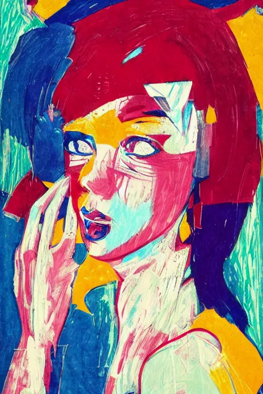 Image similar to 🤤 girl portrait, abstract, rich in details, broken composition, coarse texture, concept art, visible strokes, colorful, art by Kirchner, Gaughan, Caulfield, Aoshima, Earle