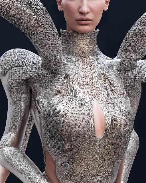 Image similar to a highly detailed metahuman 8 k close up render of bella hadid in iris van herpen dress trending on artstation made in unreal engine 4