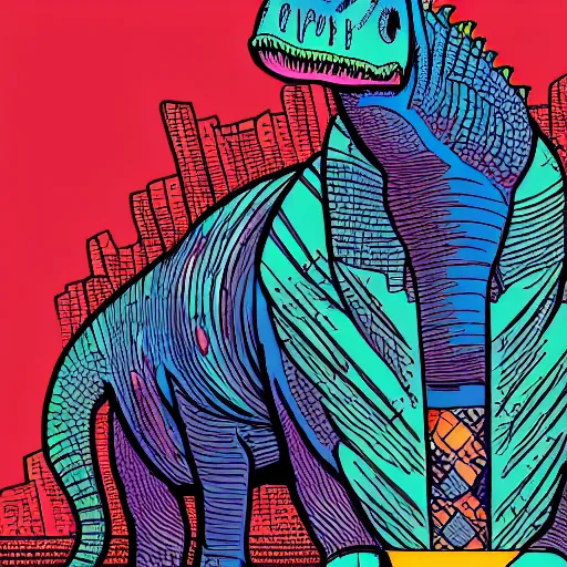 Prompt: detailed intricate colour illustration of a dinosaur wearing a business suit, comic art, cyberpunk