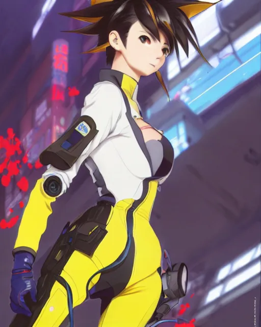 Prompt: Anime as Tracer Overwatch Tracer-Overwatch || cute-fine-face, pretty face, realistic shaded Perfect face, fine details. Anime. realistic shaded lighting poster by Ilya Kuvshinov katsuhiro otomo ghost-in-the-shell, magali villeneuve, artgerm, Jeremy Lipkin and Michael Garmash and Rob Rey brown jacket, yellow tight pants