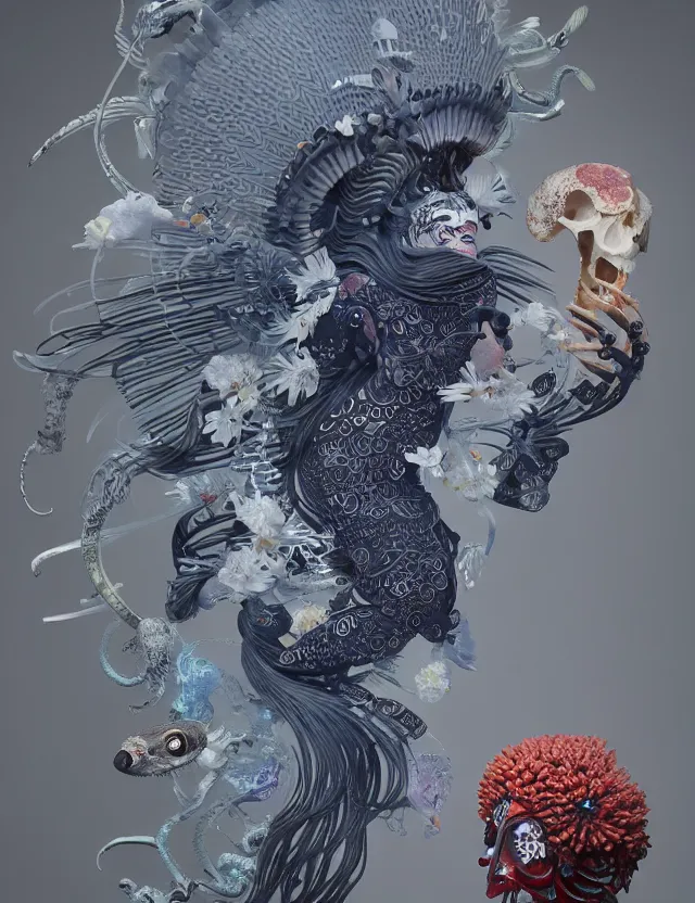 Image similar to 3 d goddess bottom - up with ram skull. beautiful intricately detailed japanese crow kitsune mask and clasical japanese kimono. betta fish, jellyfish phoenix, bio luminescent, plasma, ice, water, wind, creature, artwork by tooth wu and wlop and beeple and greg rutkowski